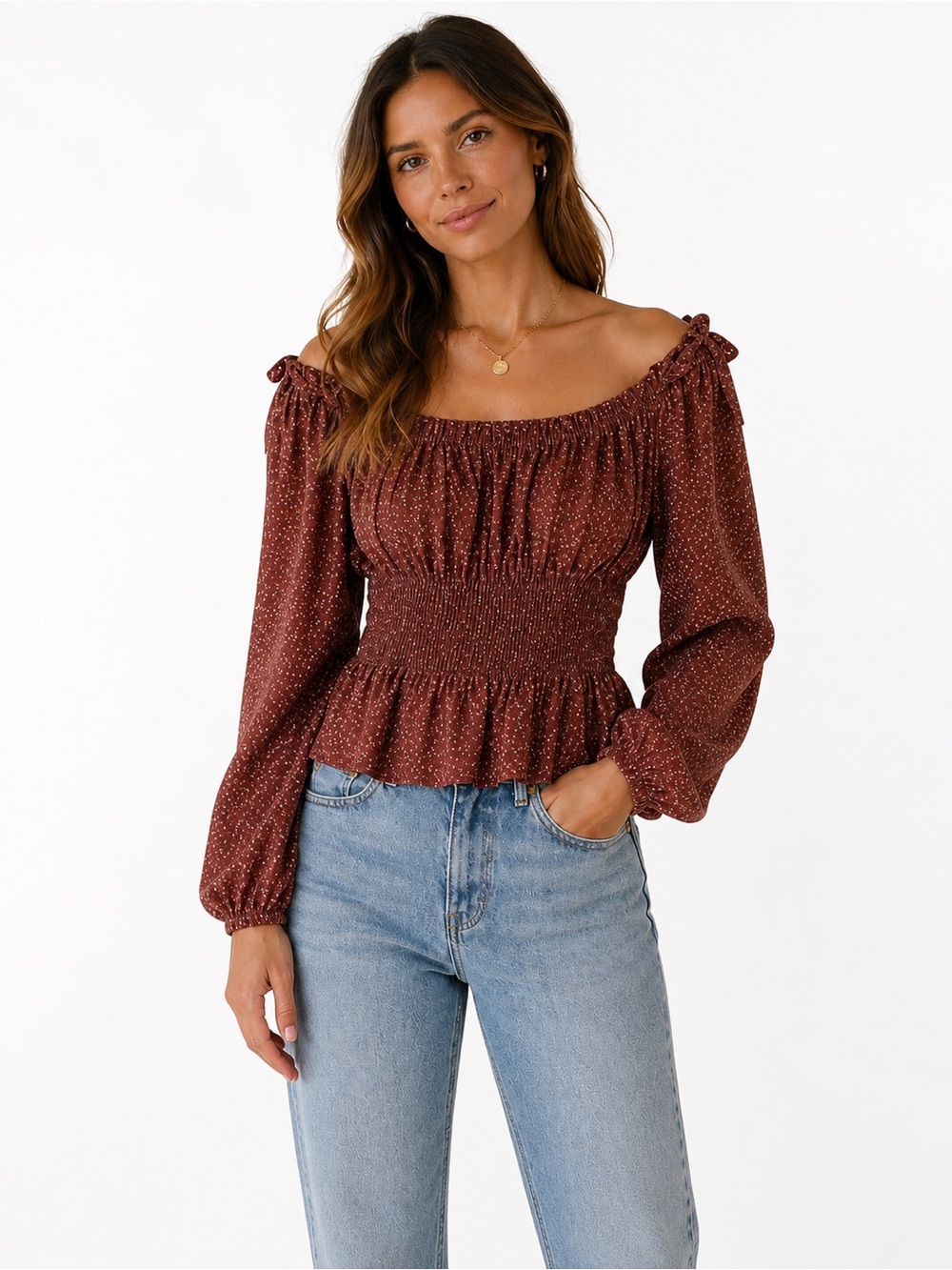 Elegant Brown Smocked Women's Top